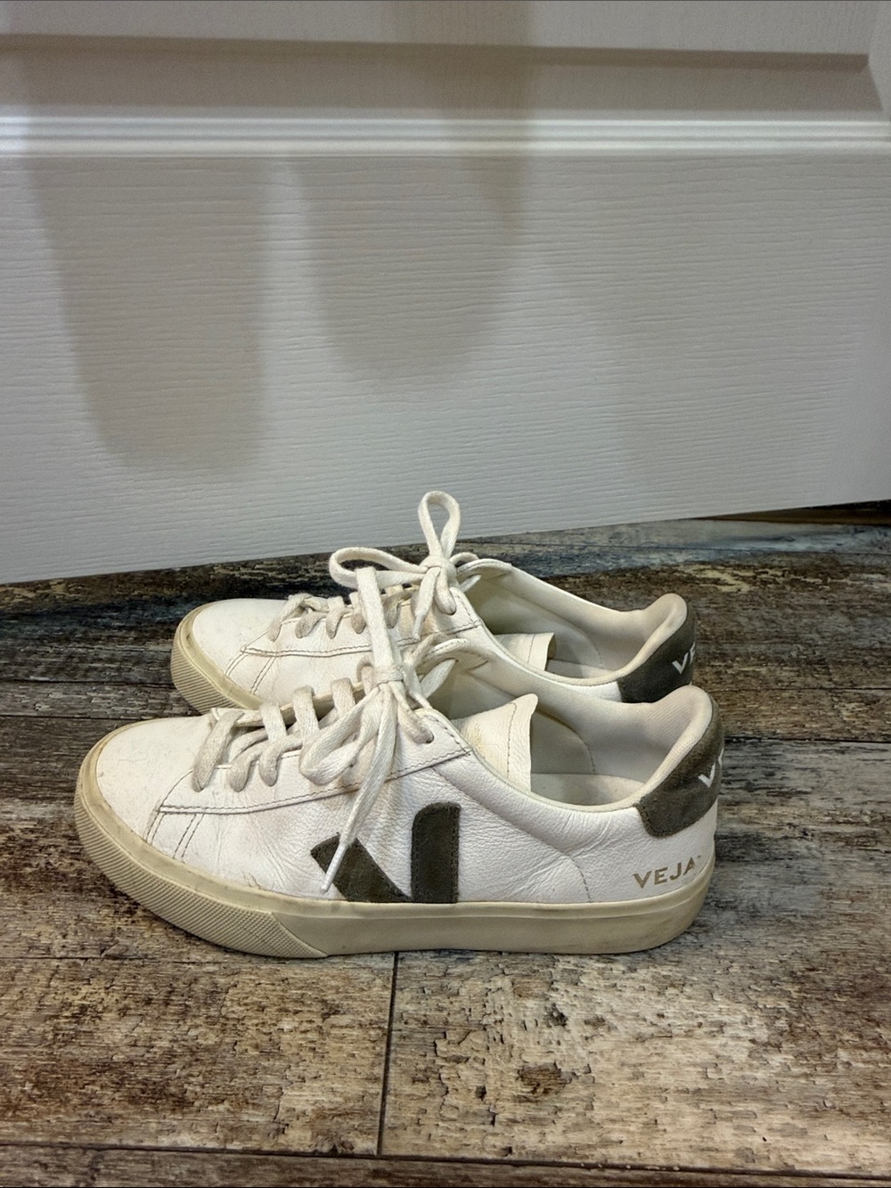 Veja White Leather Sneakers with Olive 'V' Detail